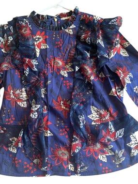Scotch & Soda Navy Floral Ruffle Blouse with Red and White Accents